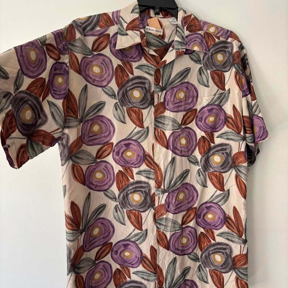Vintage 80s Retro Men Silk Beige Floral Funky Button Up Shirt - Size Medium
